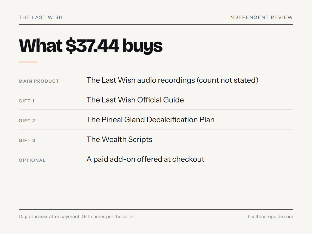 What $37.44 buys: The Last Wish audio recordings, three digital gifts and an optional paid add-on at checkout